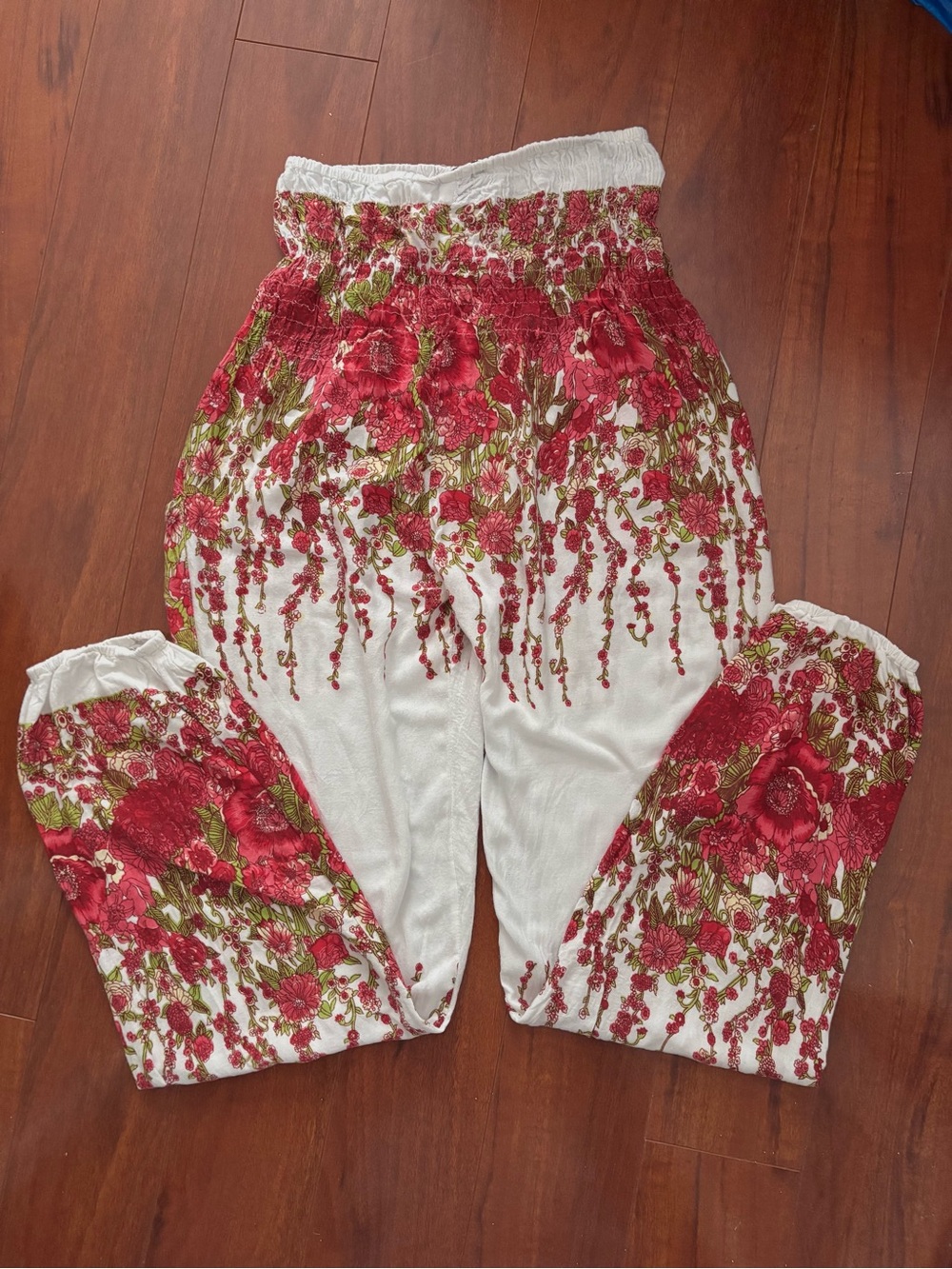 White Floral Smocked Harem Pants with Pink & Green Print